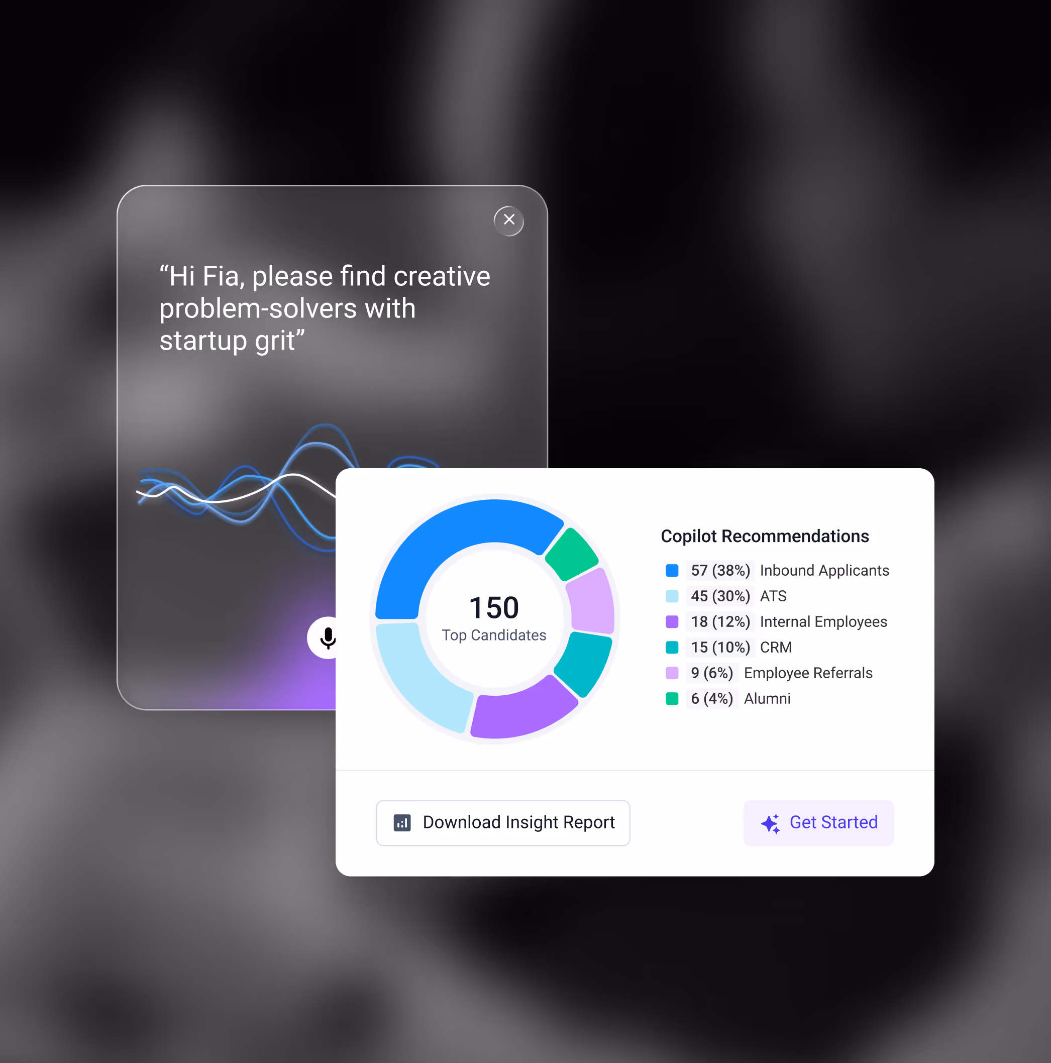 Voice command interface requesting creative problem-solvers with startup grit and a donut chart showing 150 top candidates divided by source: inbound applicants, ATS, internal employees, CRM, employee referrals, and alumni.