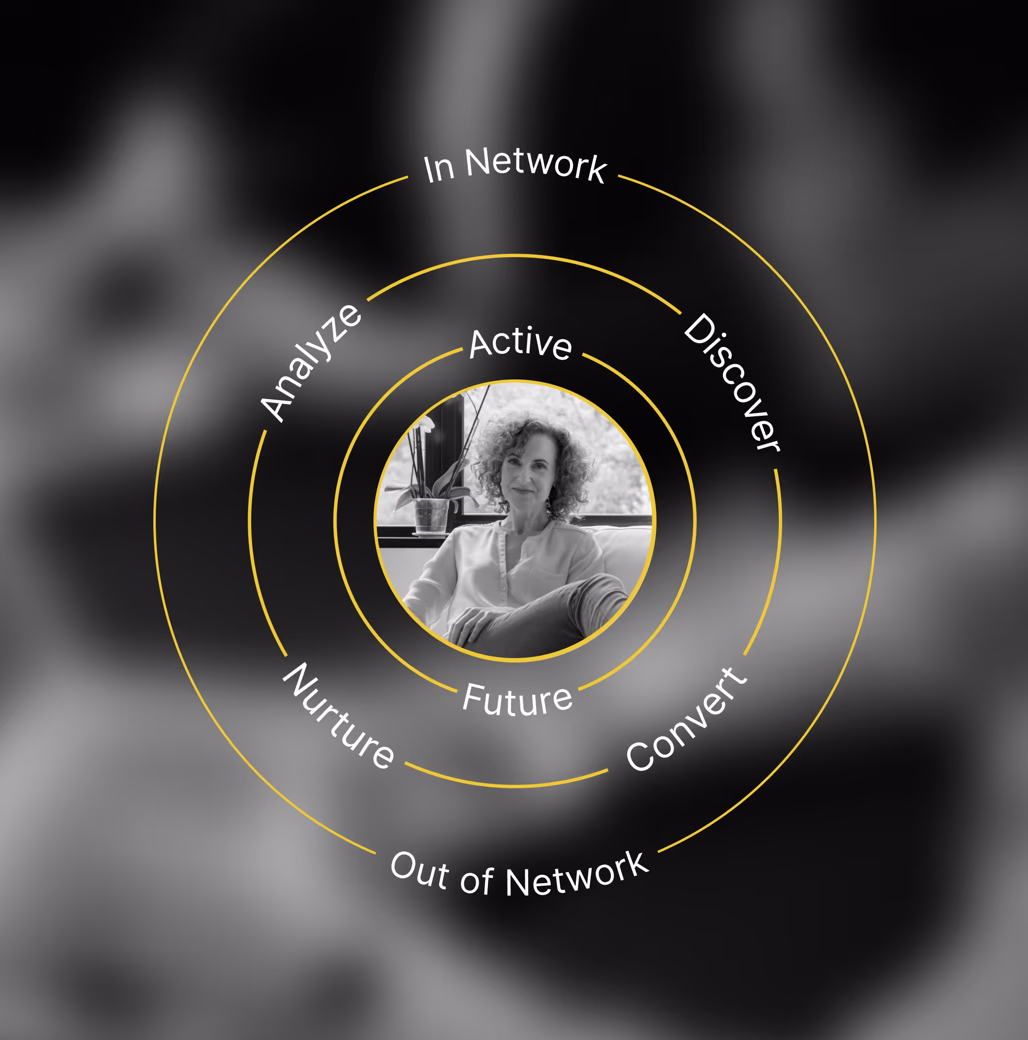 Black and white portrait of a woman with curly hair sitting near a window, surrounded by yellow concentric circles labeled with marketing terms like Active, Future, In Network, Out of Network, Analyze, Discover, Nurture, and Convert.